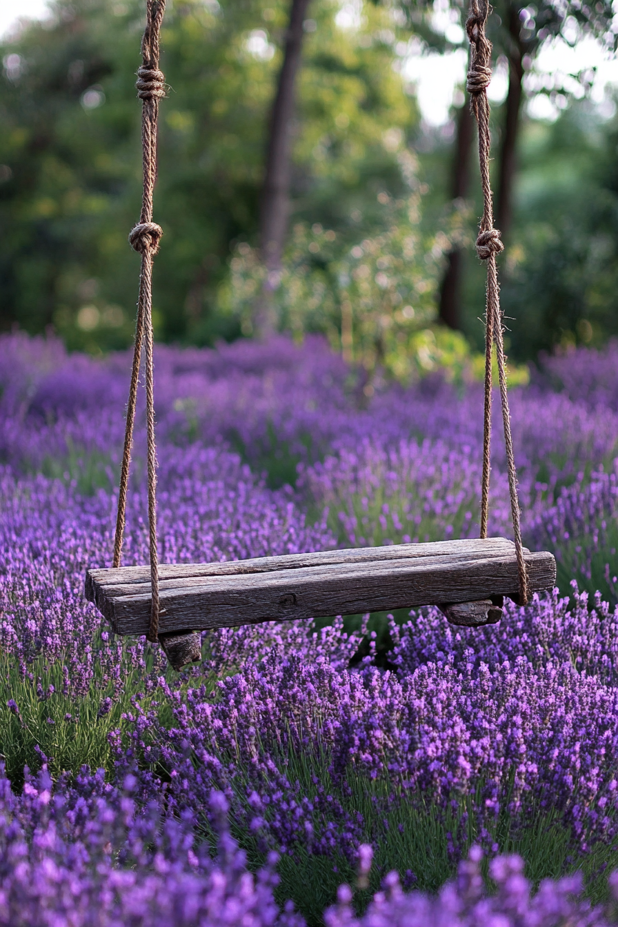 Cottagecore outdoor space. Blossoming lavender field with a rustic wooden swing.