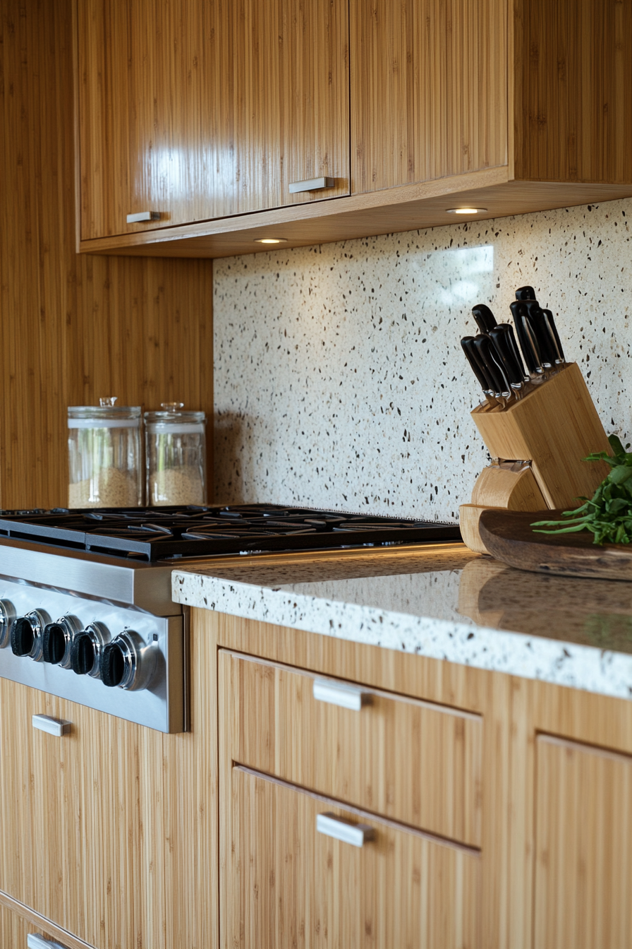 Cooking space. Bamboo cabinetry with multifaceted terrazzo counters.