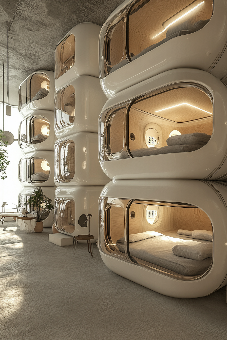 Stacked Sleeping Pods. Pod layout optimizing natural light. Smart tech implementation: motion-detecting doors.