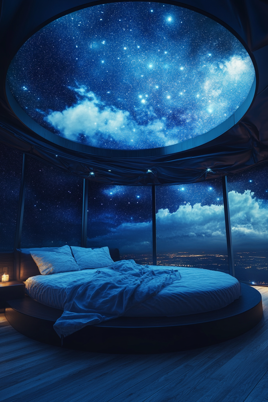 Celestial sleep space concept. Retractable roof with circular bed under starry night sky.