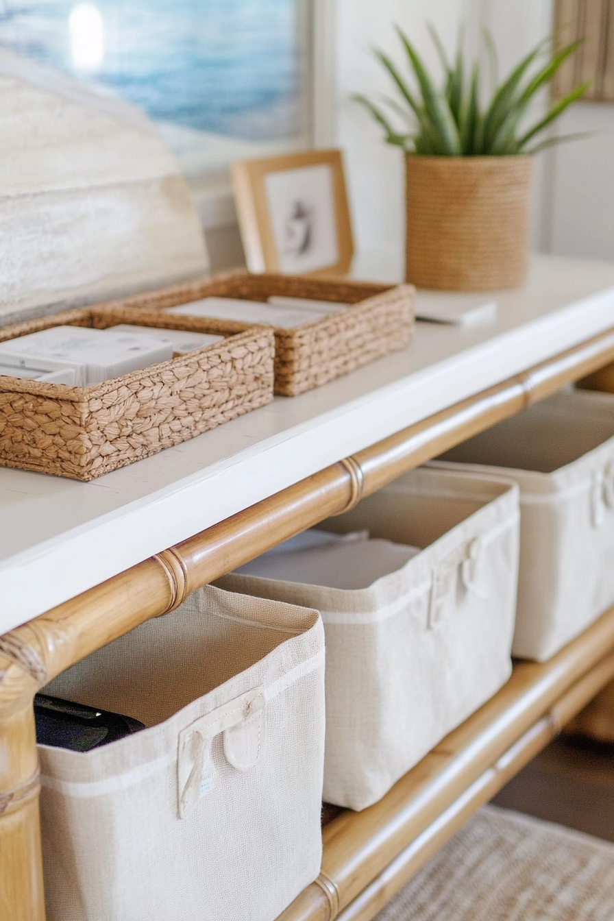 Workspace idea. Bamboo desk with whites, beiges, and canvas storage bins.