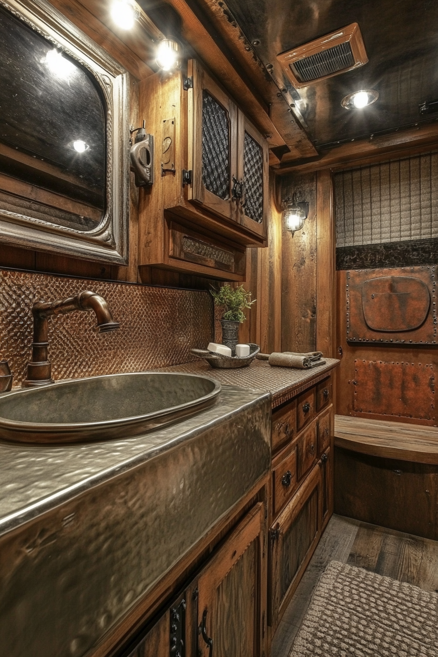 Rustic RV bathroom. Classic wooden cabinets with tin sink.