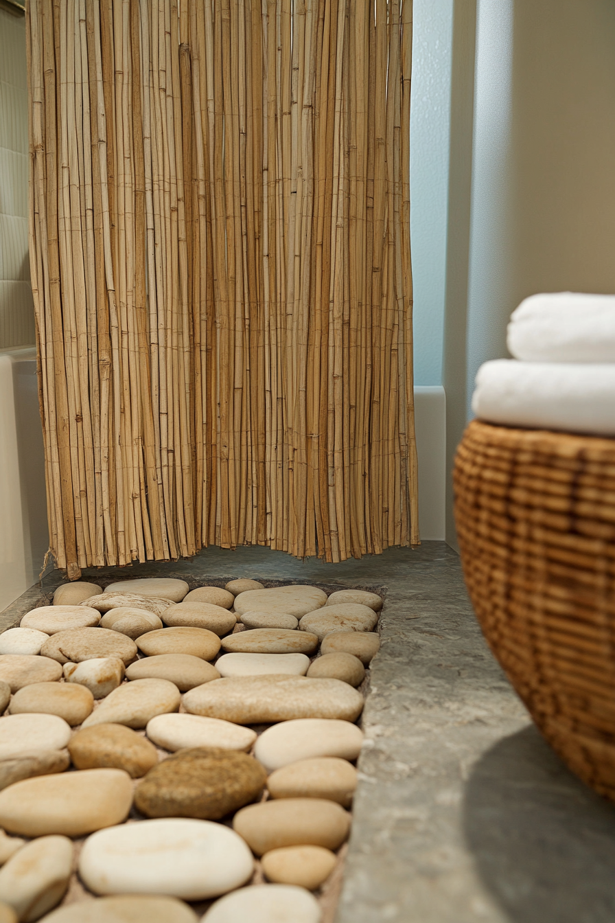 Tiny Eco-Bathroom Concept. Bamboo Shower Curtain with River Rock Flooring.