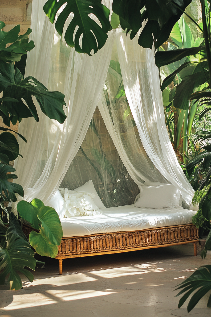 Sleeping nook. White mosquito net drapes over a hanging wicker bed surrounded by lush monstera plants.