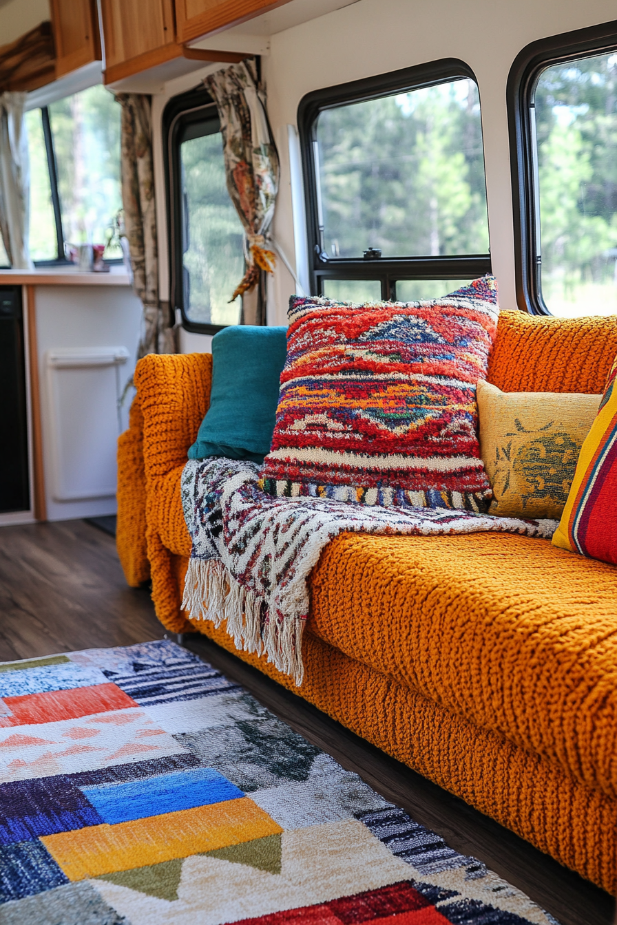 Fall RV decor. Geometric patchwork rug in primary colors.