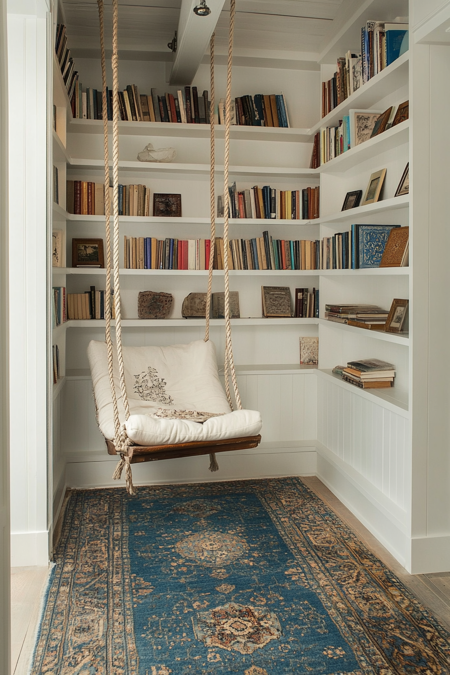 Reading sanctuary. White shelves, blue Persian rug, wooden rope swing chair.