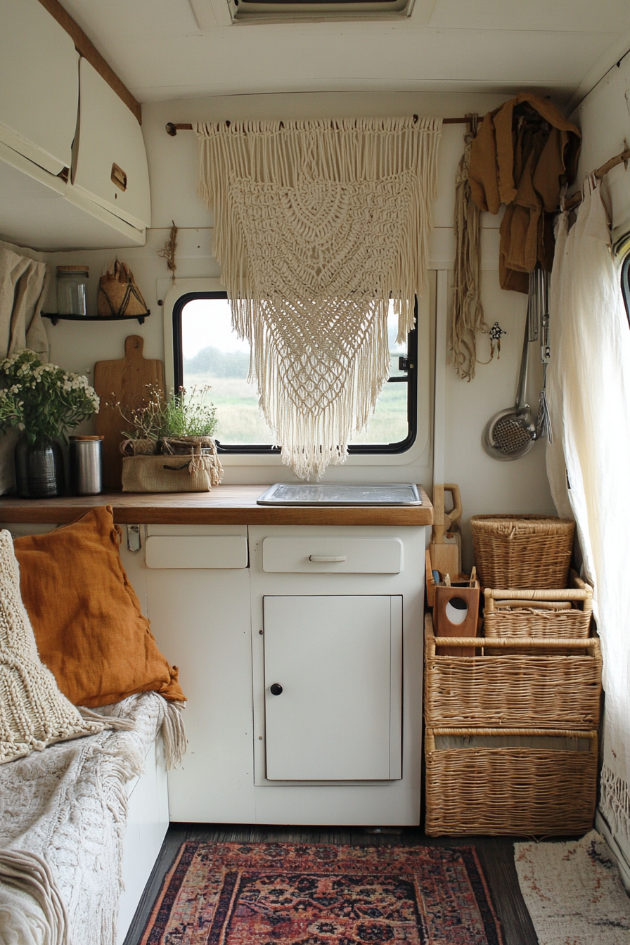 Bohemian camper kitchen. Macramé wall hanging next to a Keller Charlie rattan storage system.