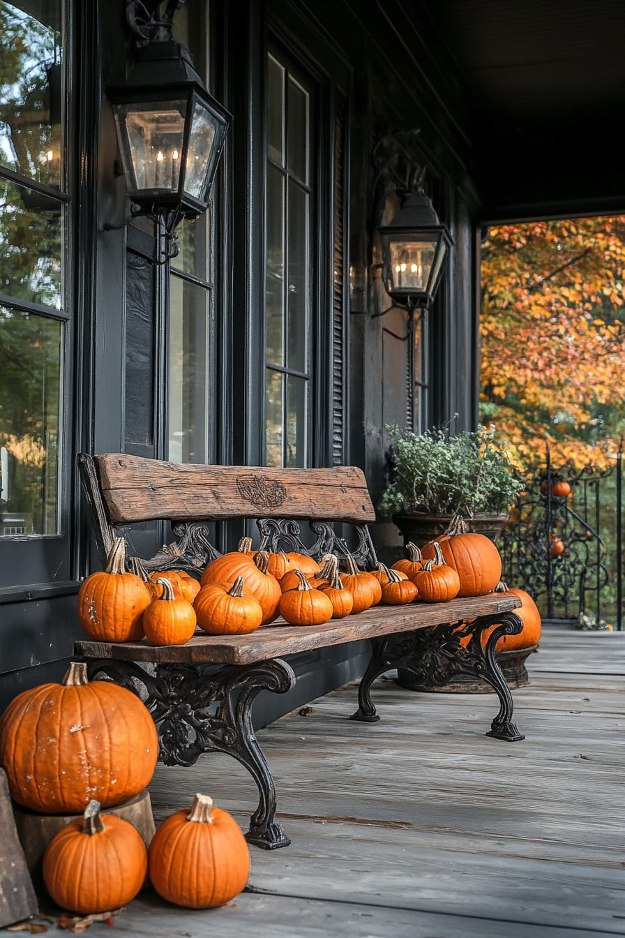 Fall porch. Reclaimed wood bench with rusted iron detailing surrounded by plentiful orange gourds.