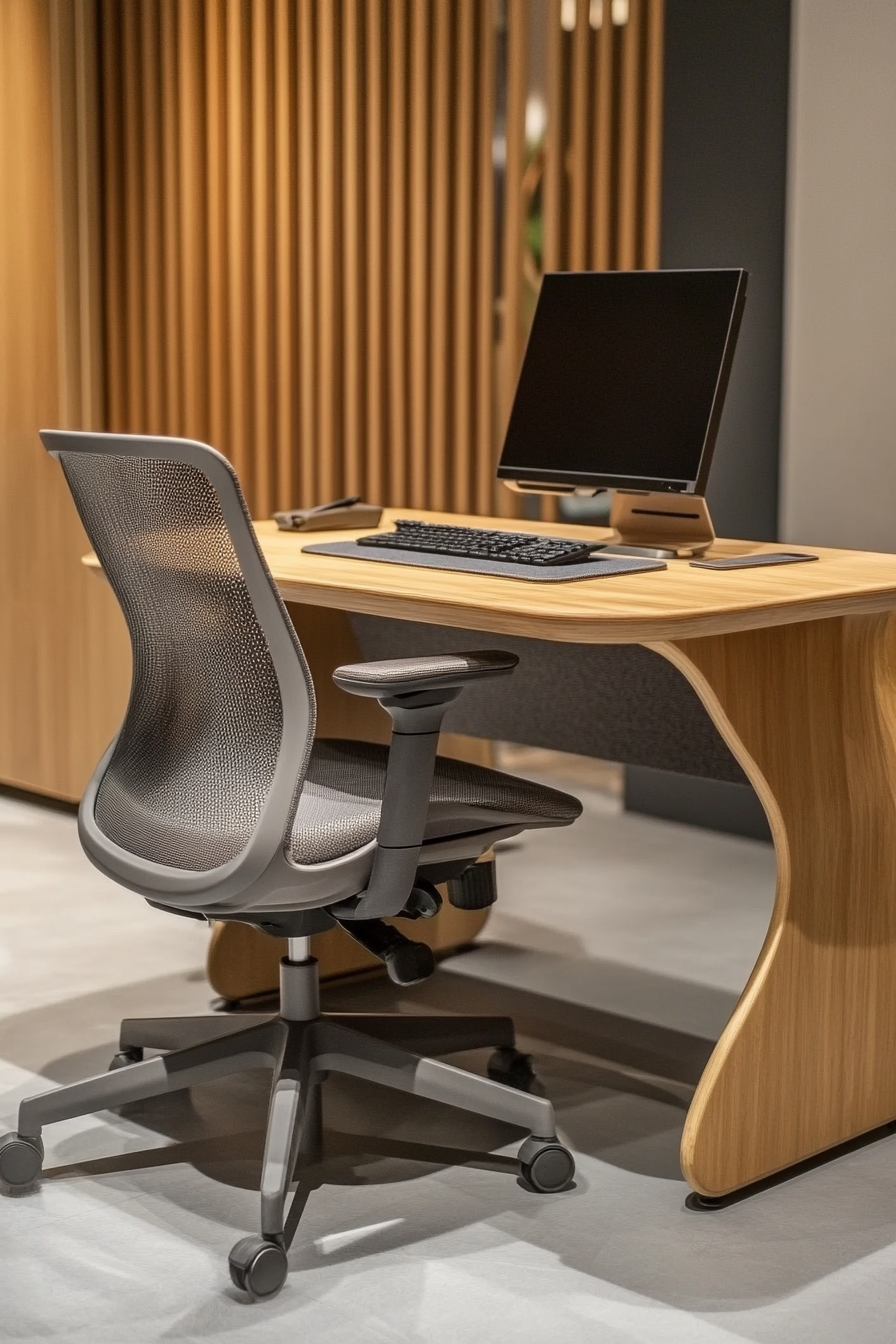 Mobile workspace design. Bamboo desk with grey mesh office chair.