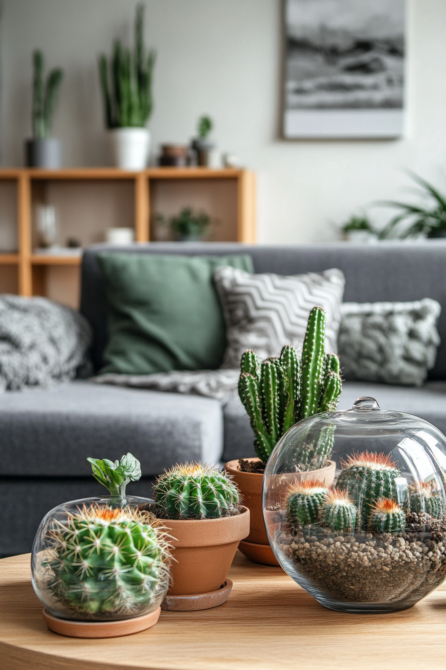 Space interior. Cactus glass terrarium on floating shelf with gray modular sofa.