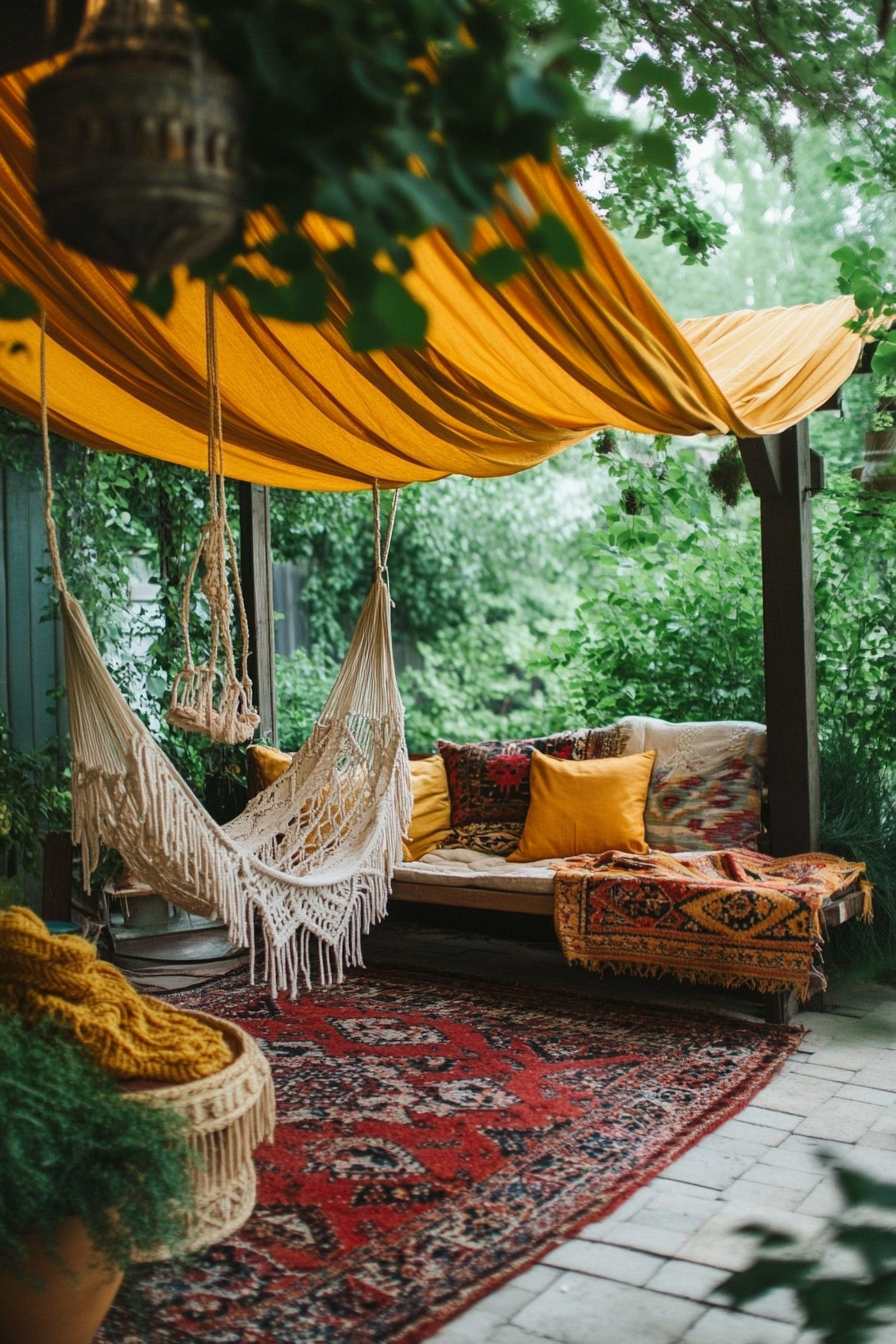 Bohemian Patio. Yellow canopy and off-white macrame hanging chair with heap of layered kilim rugs.