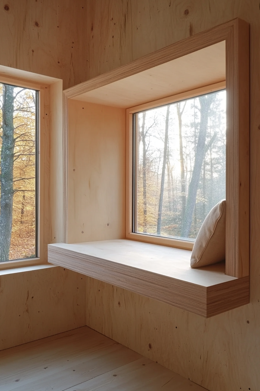 Window Alcove concept. Floating bench with hidden storage in pale wood.