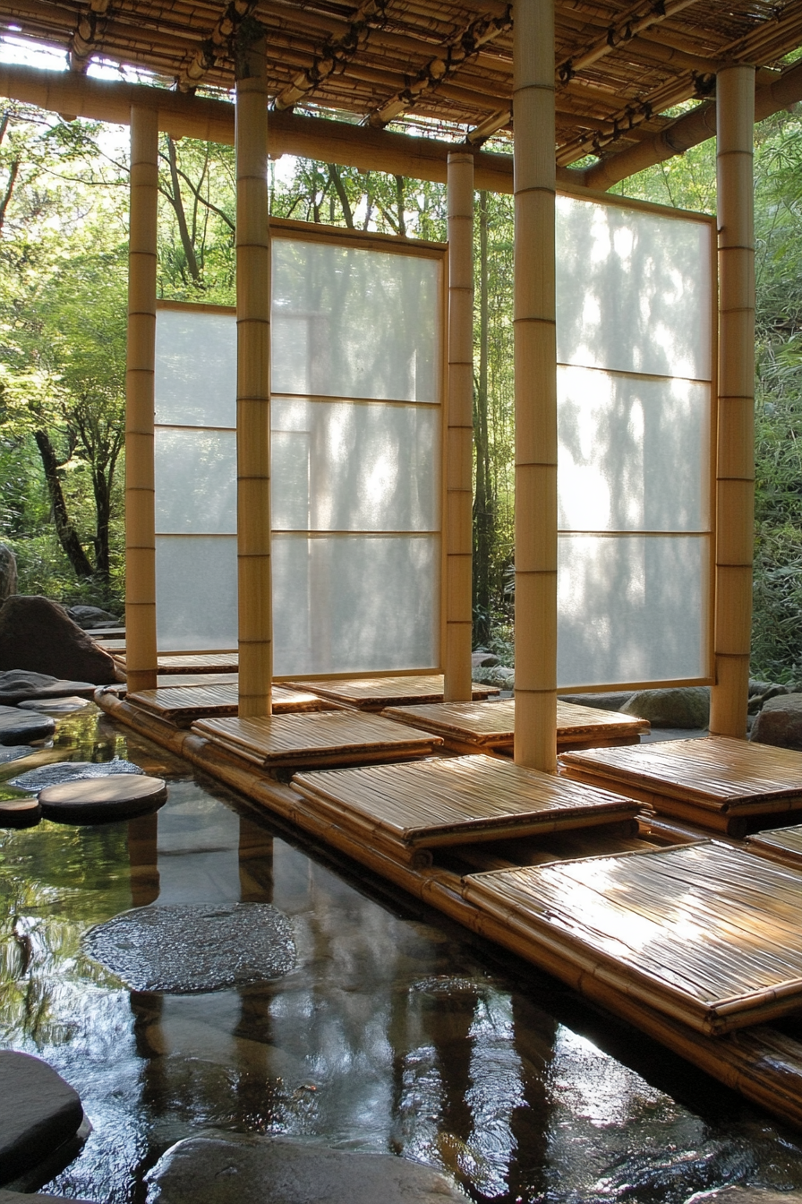 Elevated platform zen camp concept. Bamboo platform with translucent sliding Shoji screens.