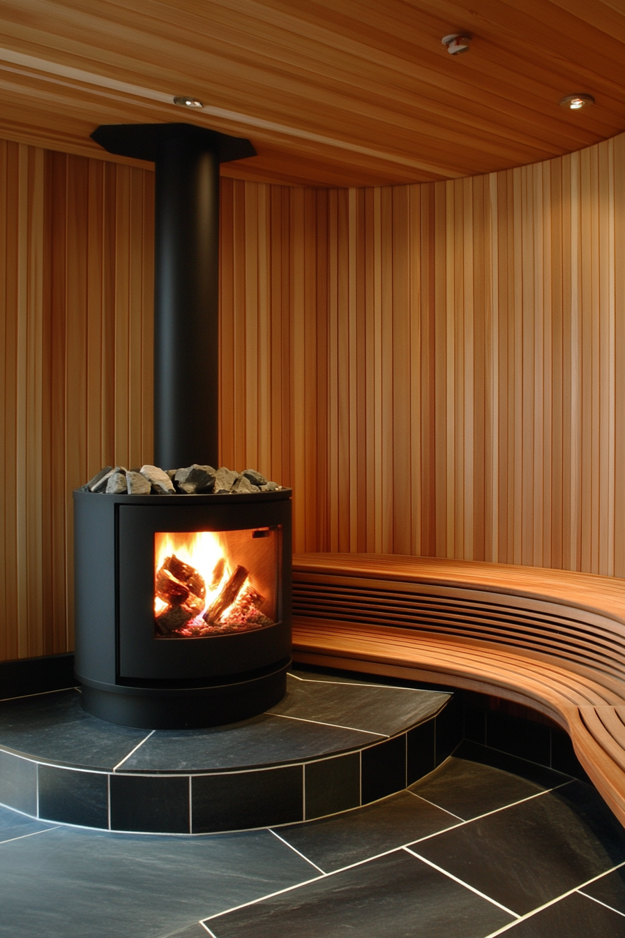 Sauna room design. Modern corner wood-burning stove and cedar tiered bench.