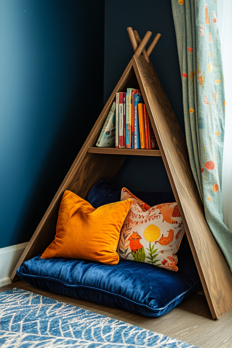 Floor Cushion and Accessible Book Display. Blue velvet cushion with tepee bookshelf.