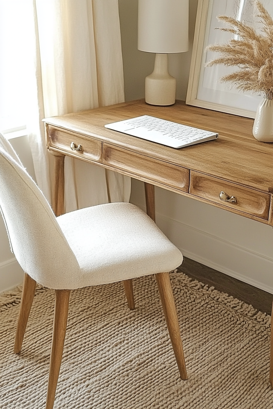 Compact workspace idea. Bamboo desk with cream chair and beige rag rug.