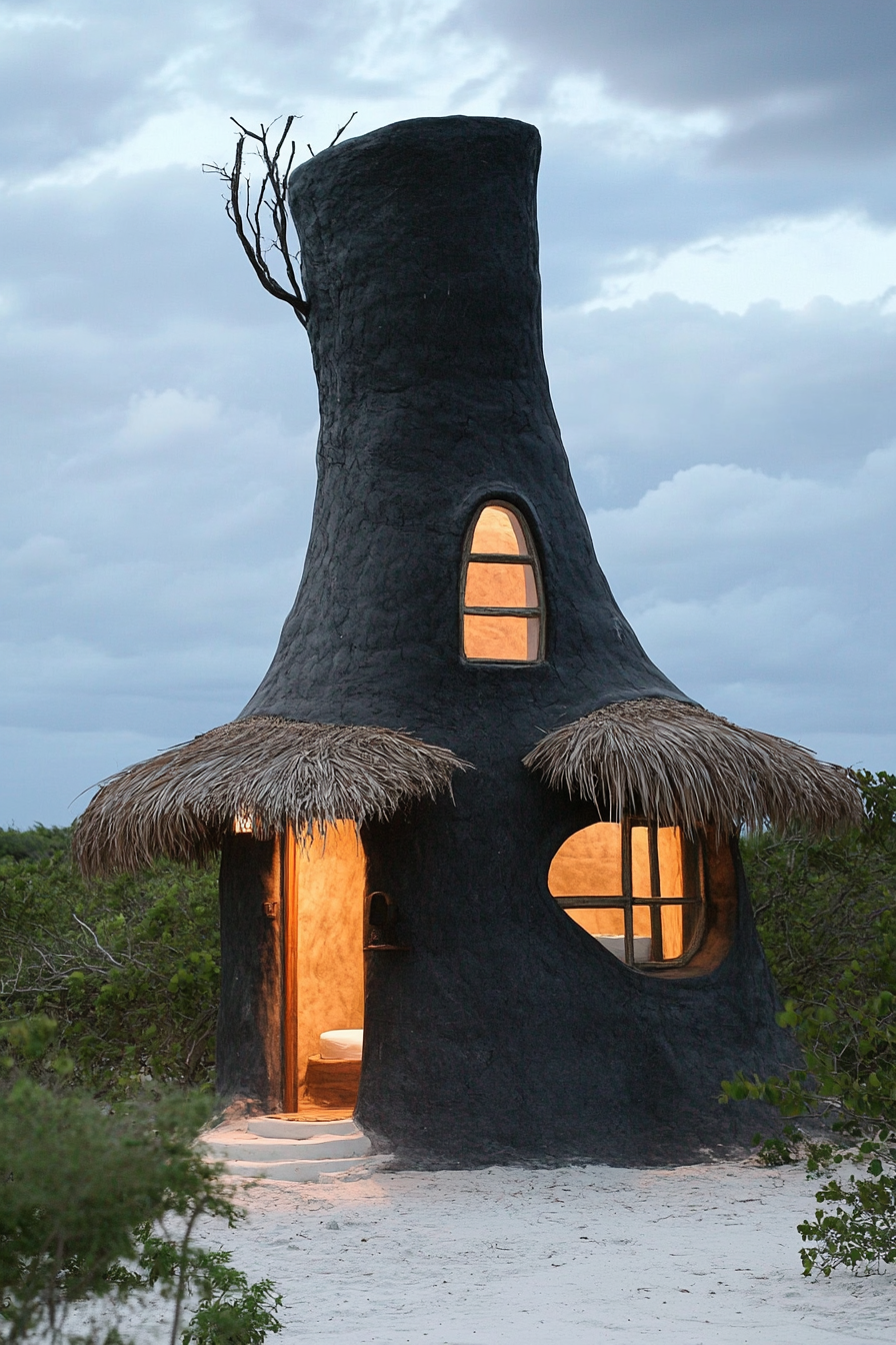 Micro home design. Charcoal crooked chimney with sand-colored thatched roof.