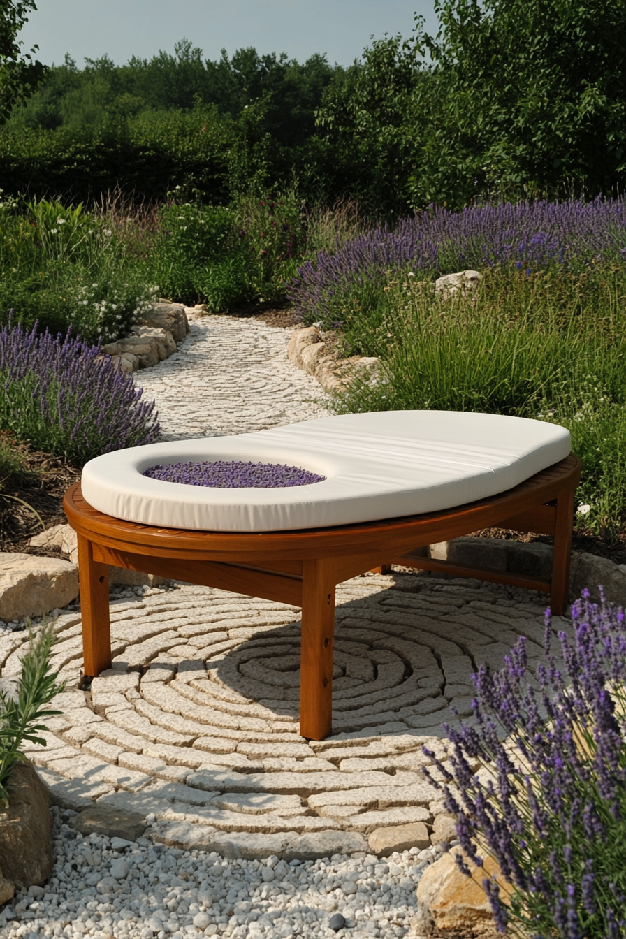 Outdoor massage table. Solid teak with padded ivory cushioning. Meditation Labyrinth layout. Circular stone path bordered with lavender.