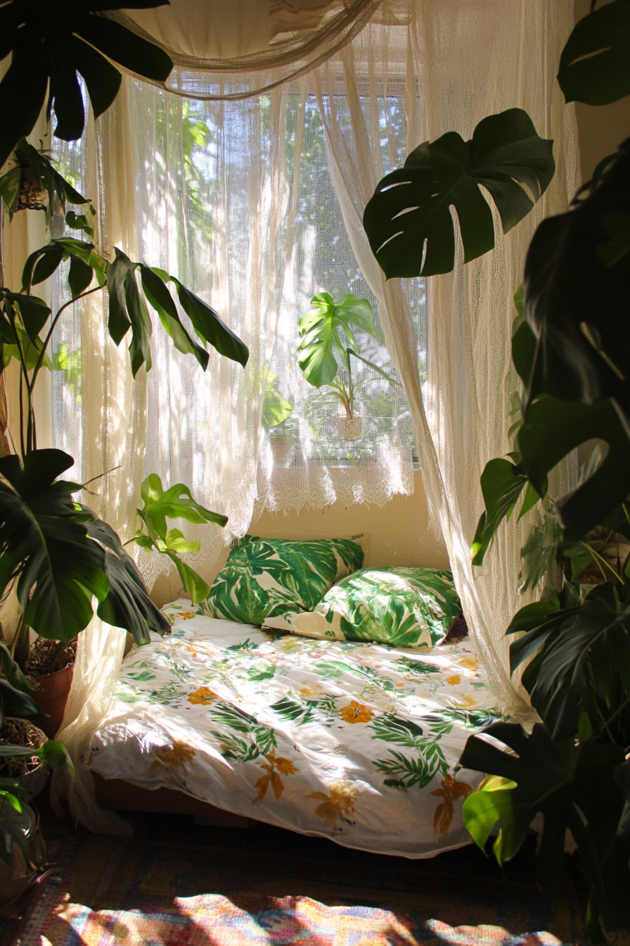 Sleeping nook. Mosquito net drapecanopy and monstera-deliciosa.