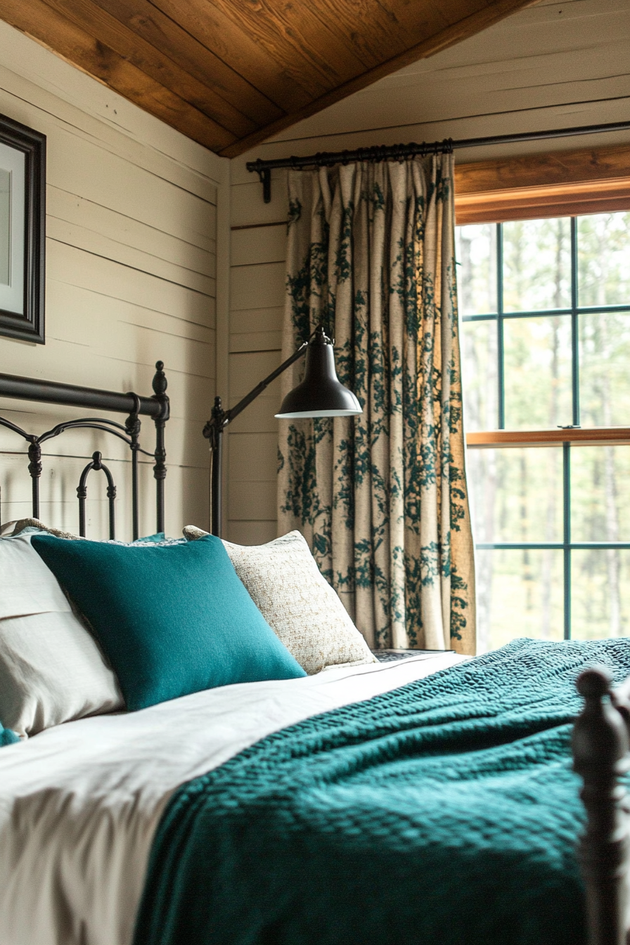 Rustic-chic bedroom. Shiplap ceiling, teal cushions on iron-framed bed.