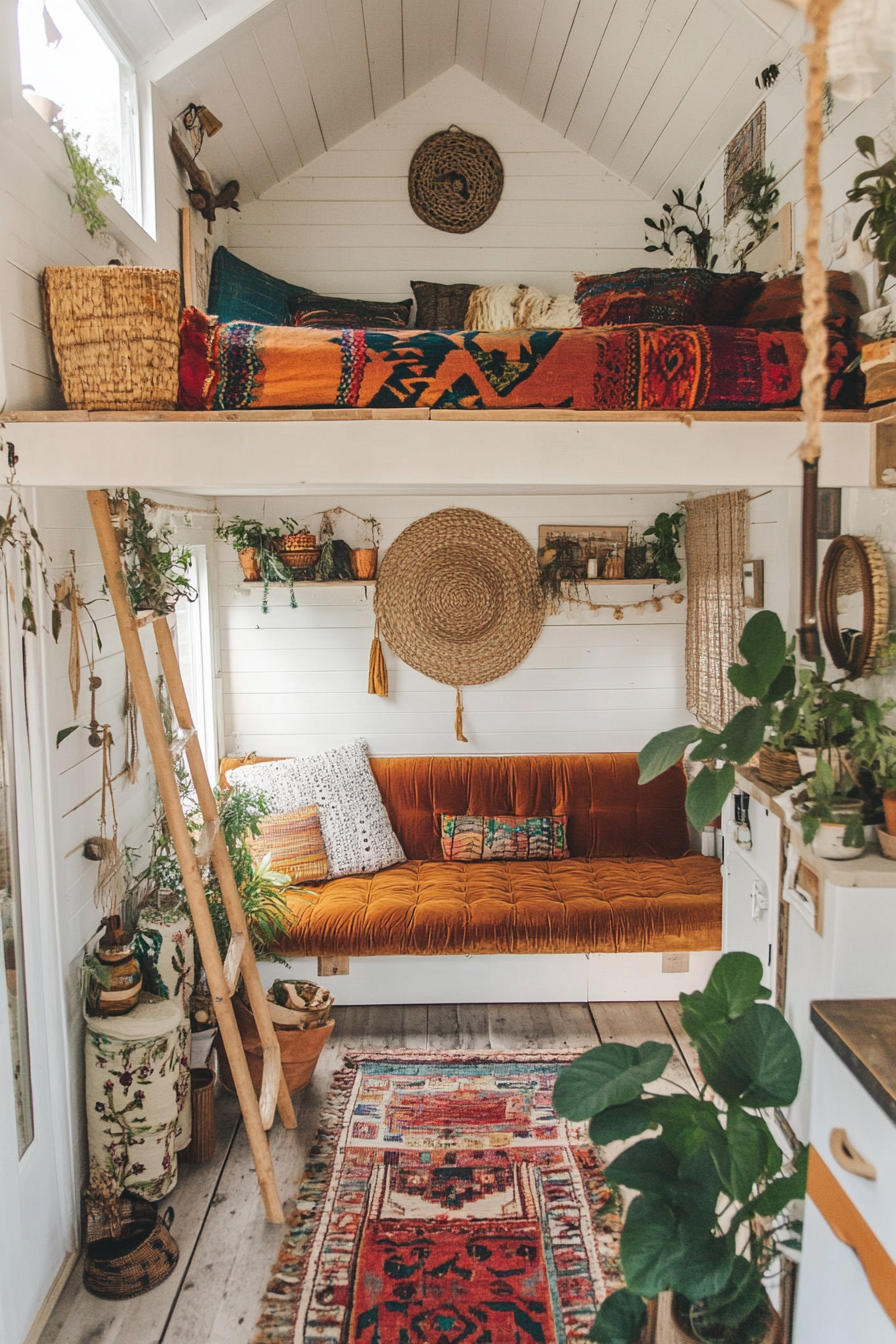 Bohemian tiny home design. Lush velvet futon in loft area surrounded by rattan decor.