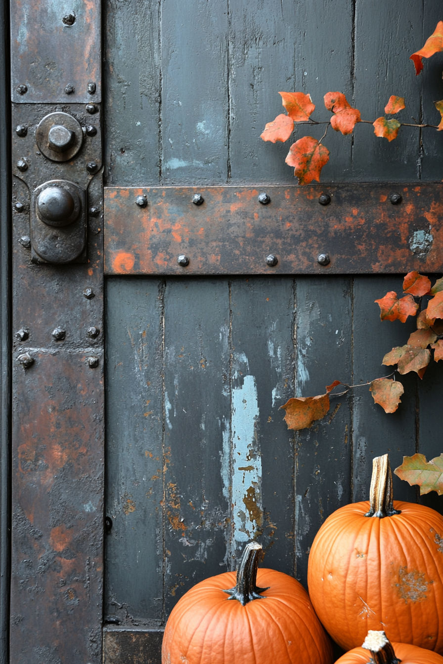 Fall porch. Pumpkins beside an industrial iron farmhouse door.