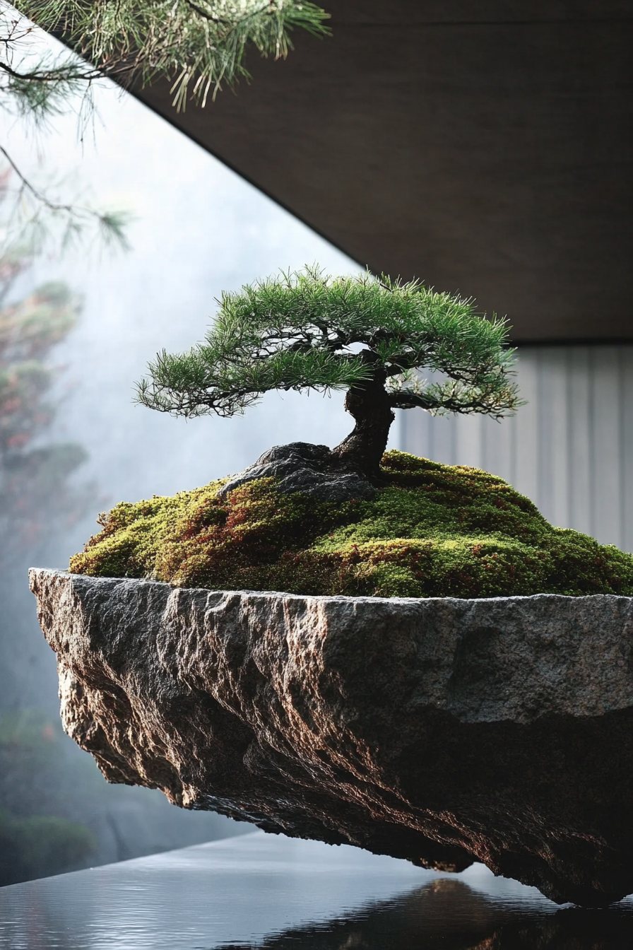 Elevated platform Zen camp. Bonsai garden grappling beneath shoji screens.