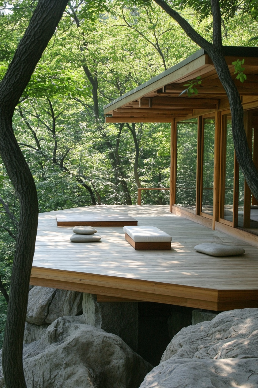 Elevated platform Zen camp. White oak platform, sliding shoji screens, Japanese Zen rock arrangements.