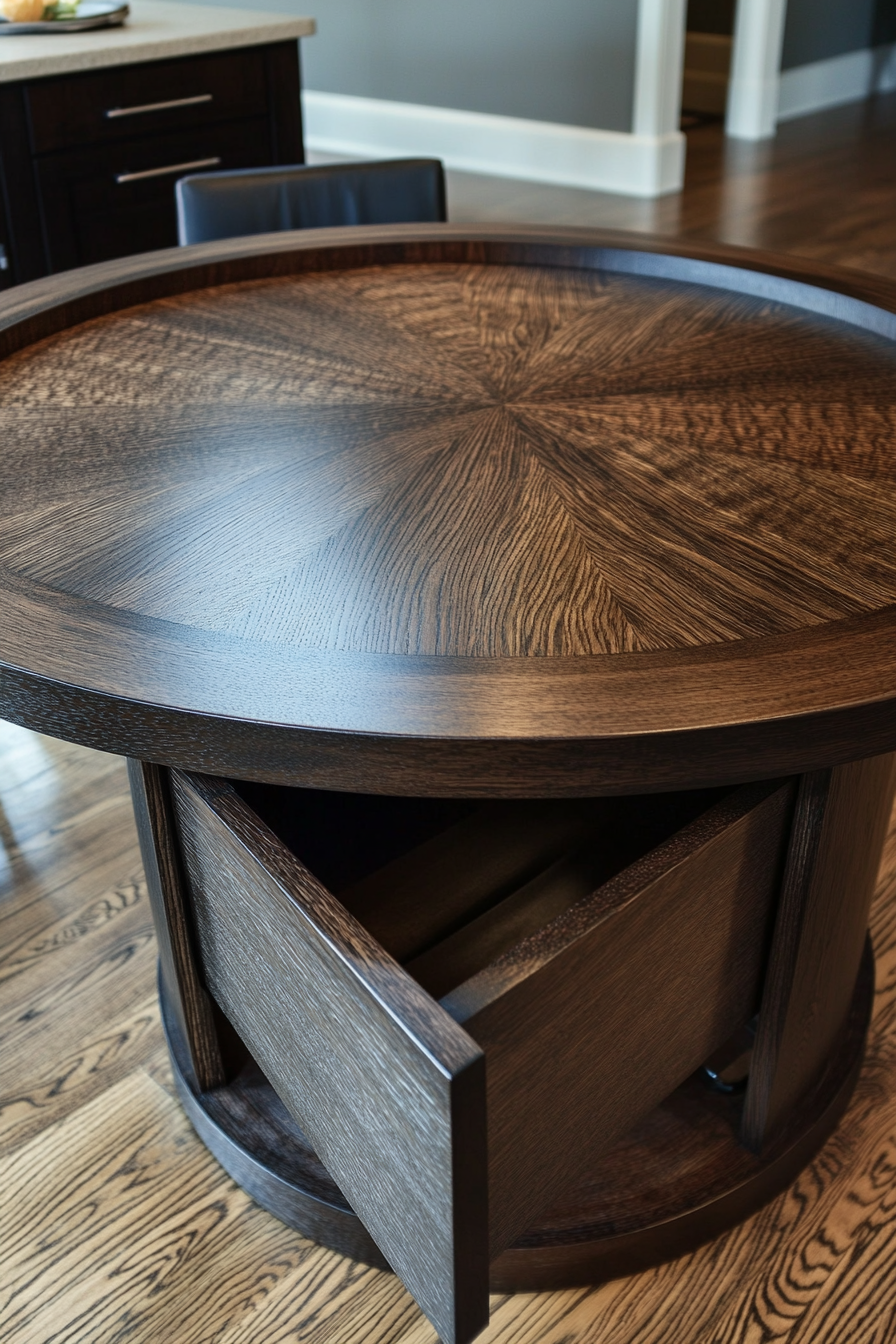 Dining table for small spaces. Dark oak round tabletop with a secret compartment.