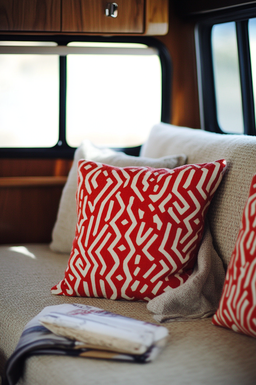 Fall RV Decor. Bauhaus inspired, with bold red geometric throw pillows.