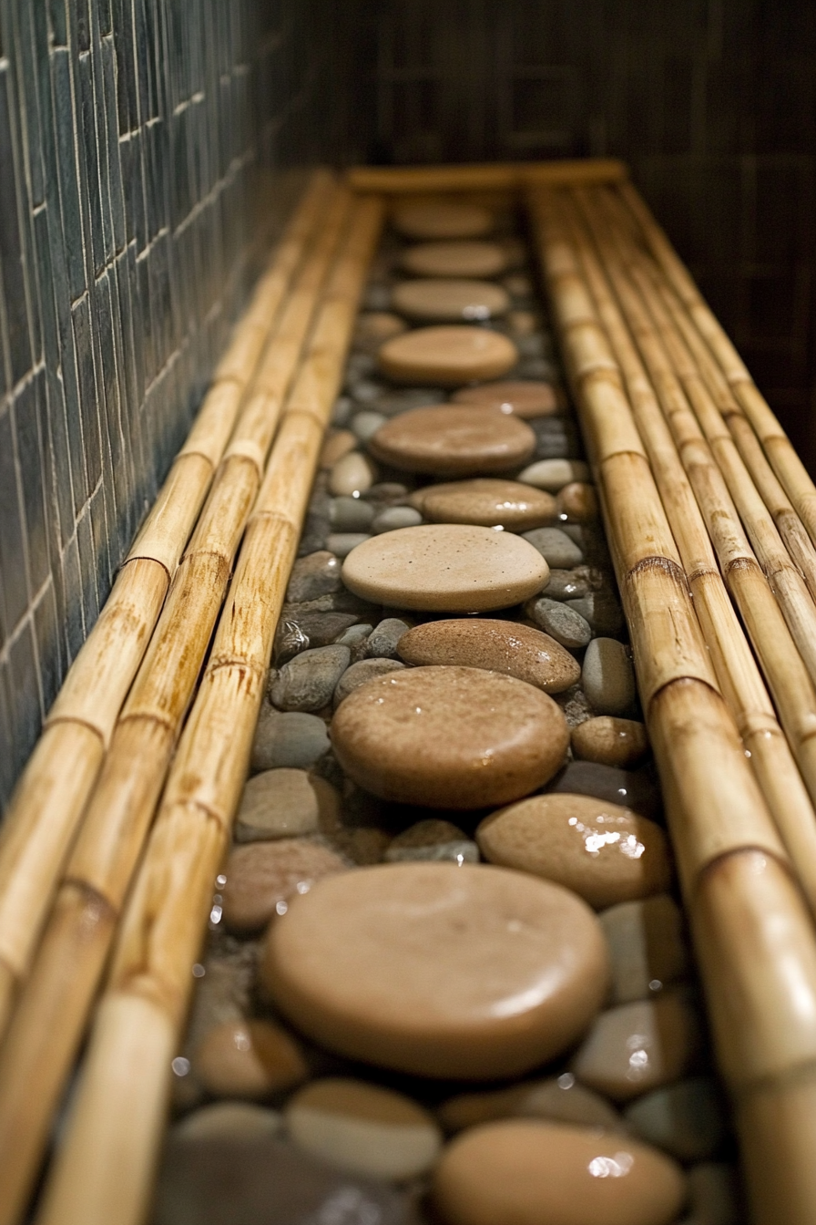 Eco-bathroom concept. Bamboo shower with river rock drainage.