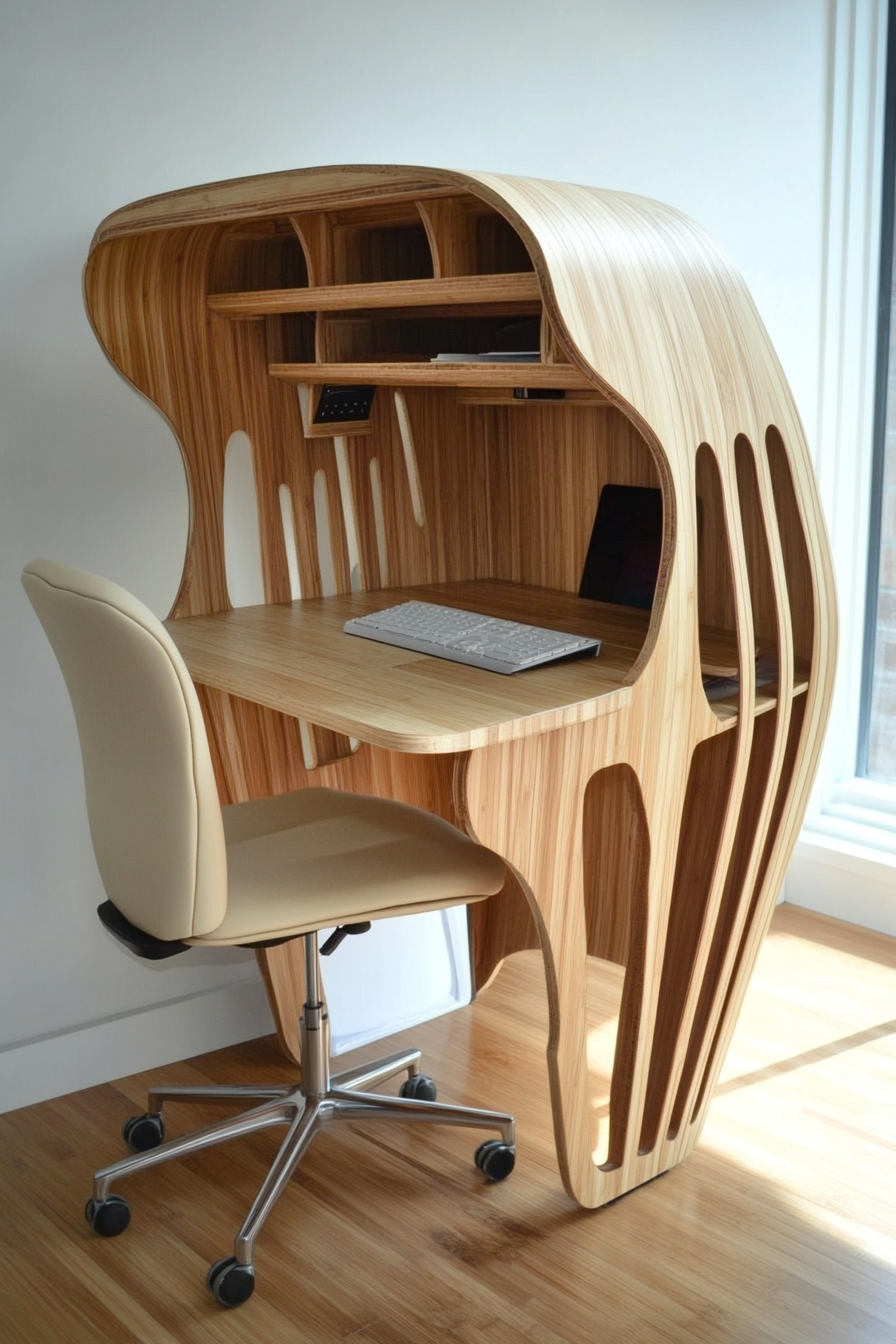 Mobile workspace design. Bamboo desk with beige ergonomic chair.