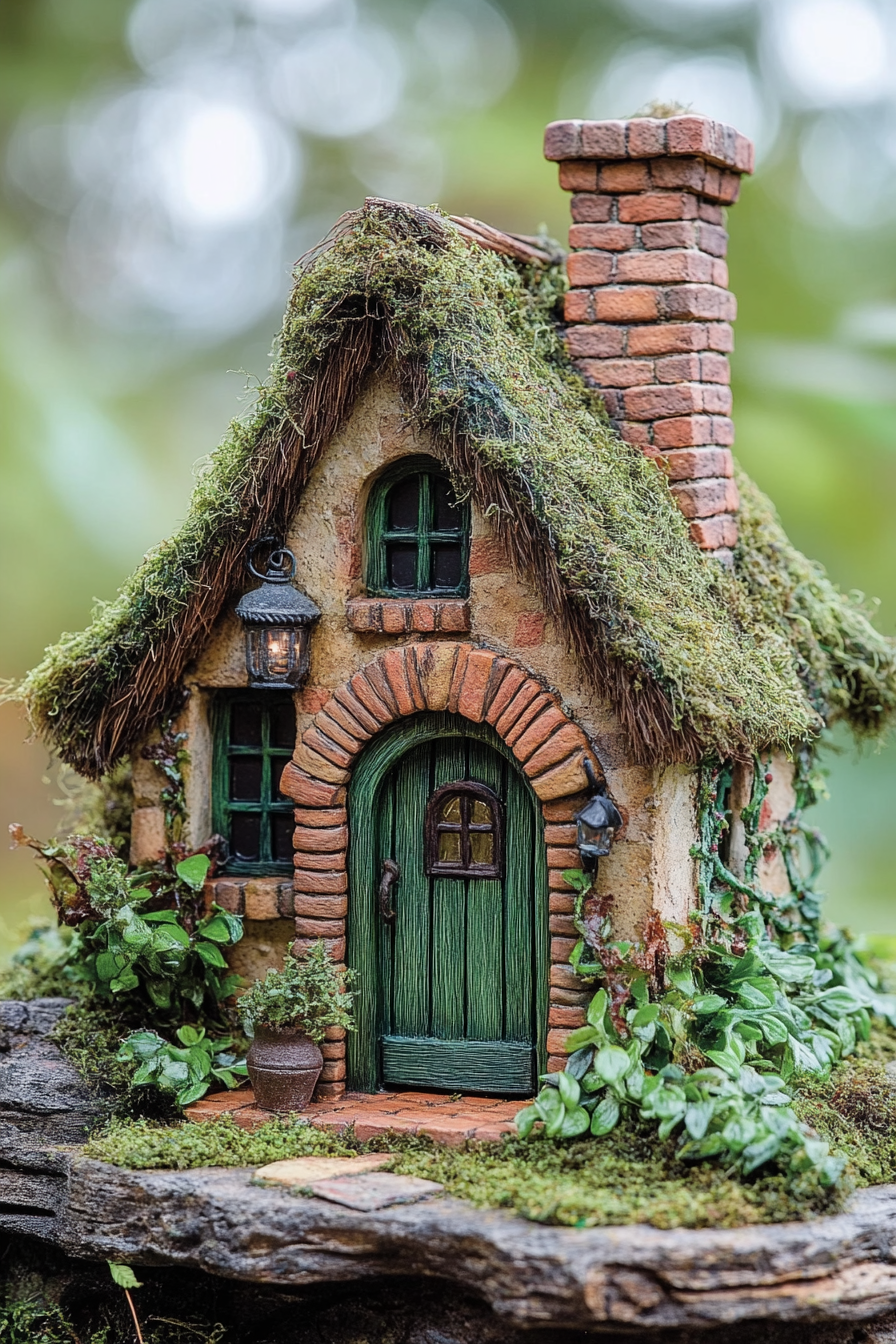 Micro home design. Dwarf green door with crooked brick chimney and thatched roof.