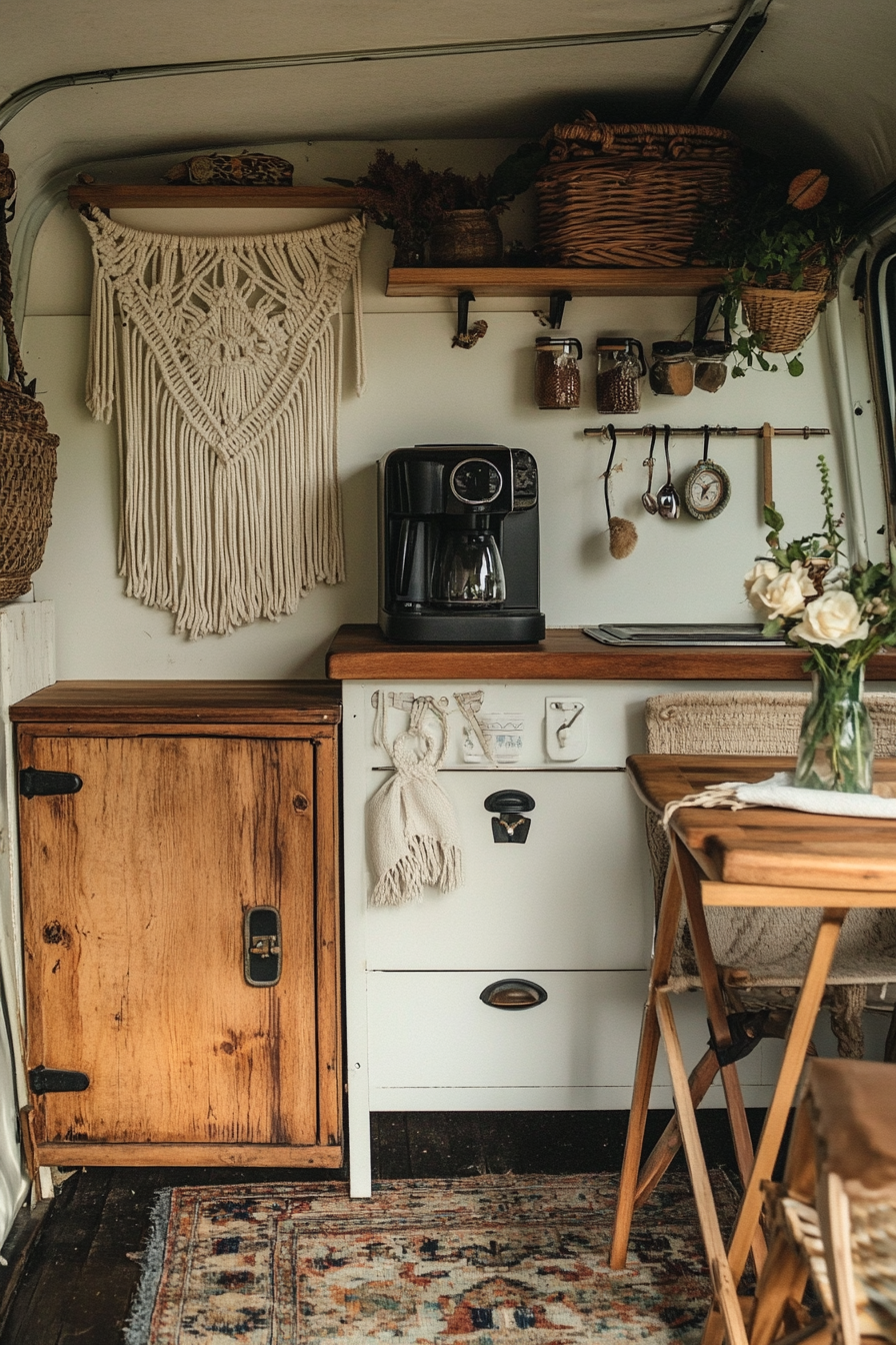 Bohemian Camper Kitchen. Macramé wall hanging and Ratatan coffeemaker stand.