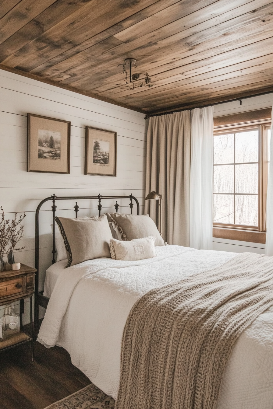 Rustic-chic bedroom. White shiplap ceiling, wrought-iron bed frame, vintage wooden side table.