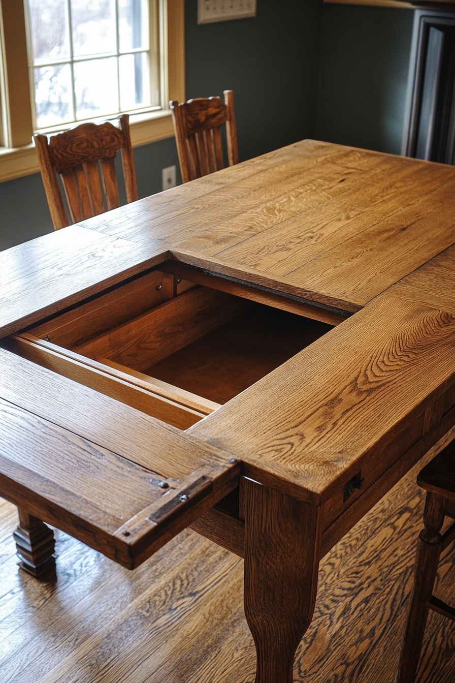 Hidden Compartment Dining Table. Antique Oak Flip Top Compartment Table.