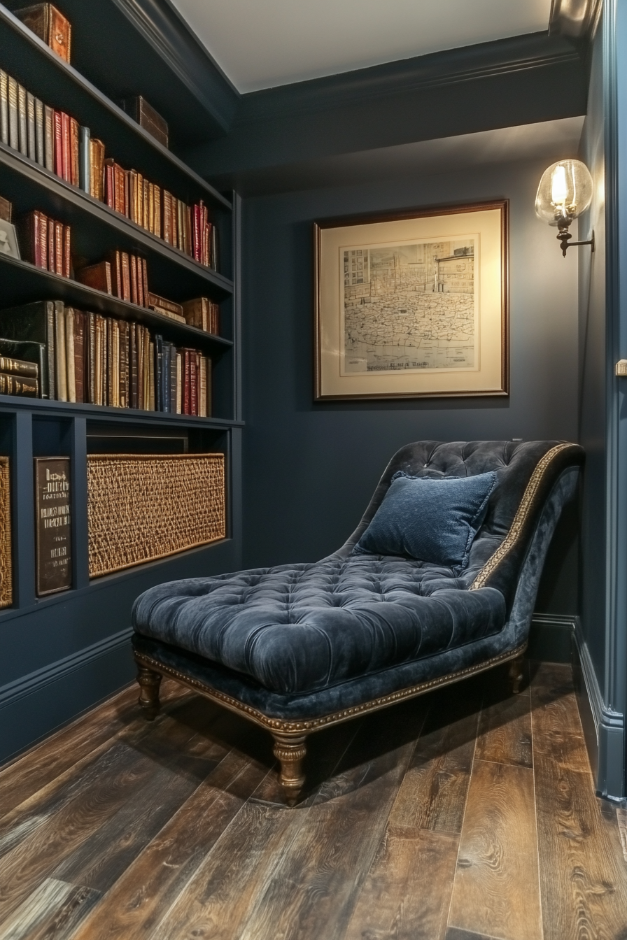 Upper level design. Velvet chaise longue beside a rattan bookshelf.