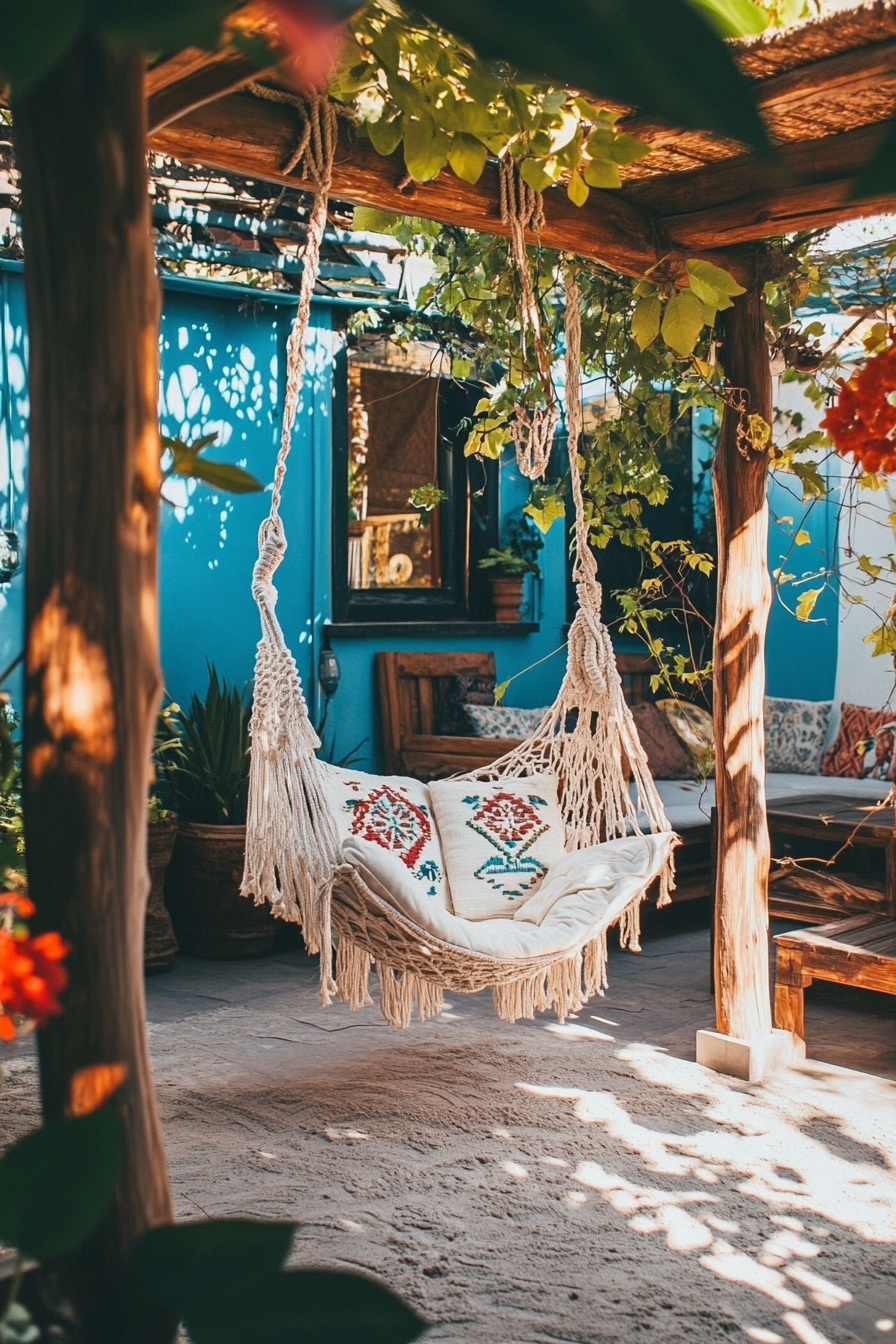 Bohemian patio. Macramé hanging chair with embroidered pillows, beneath ocean blue boho canopy.