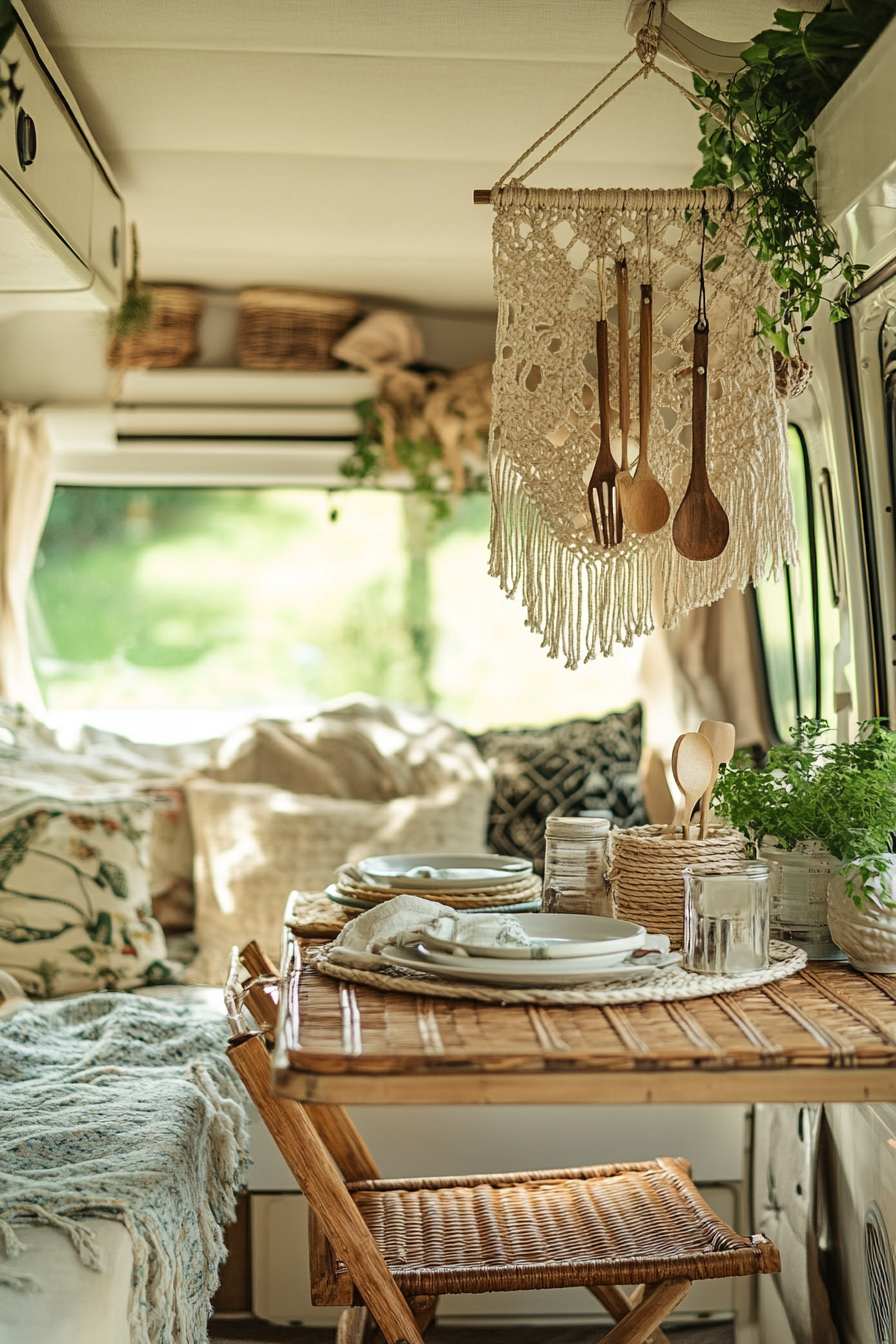 Bohemian camper kitchen. Hanging macramé utensil holder with sturdy rattan dining table.