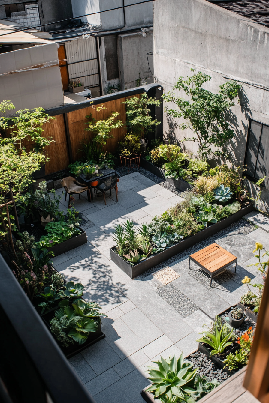 Monochrome succulent tiny house roof terrace layout. Gridded quartzite tiling with graphite black planters.