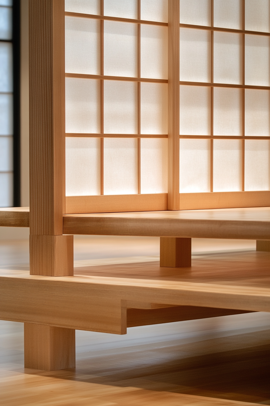 Elevated platform, Zen Kamp. Opaque sliding Shoji screen, maple wood structure.