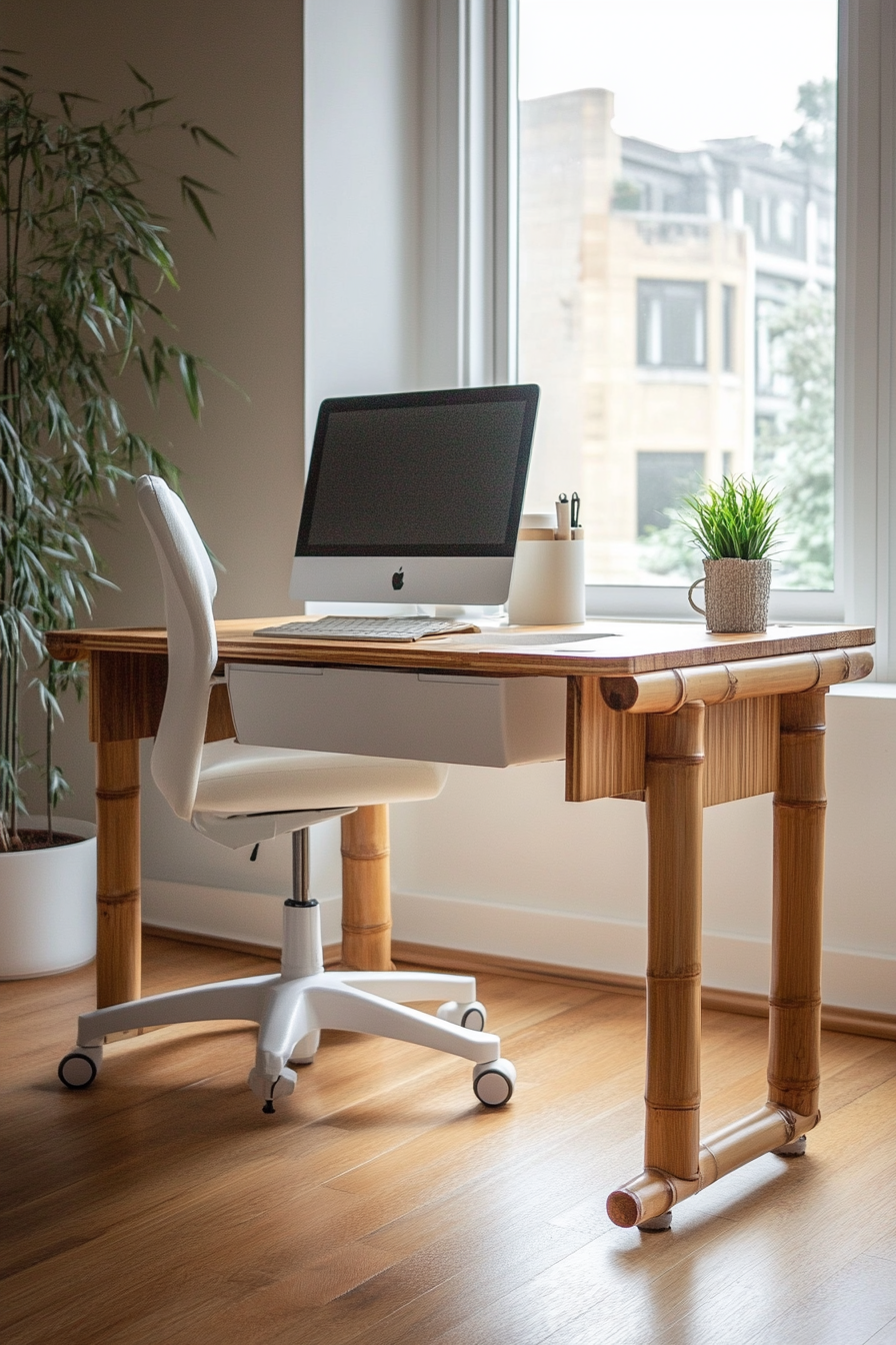 Mobile workspace design. Bamboo desk with white ergonomic chair.