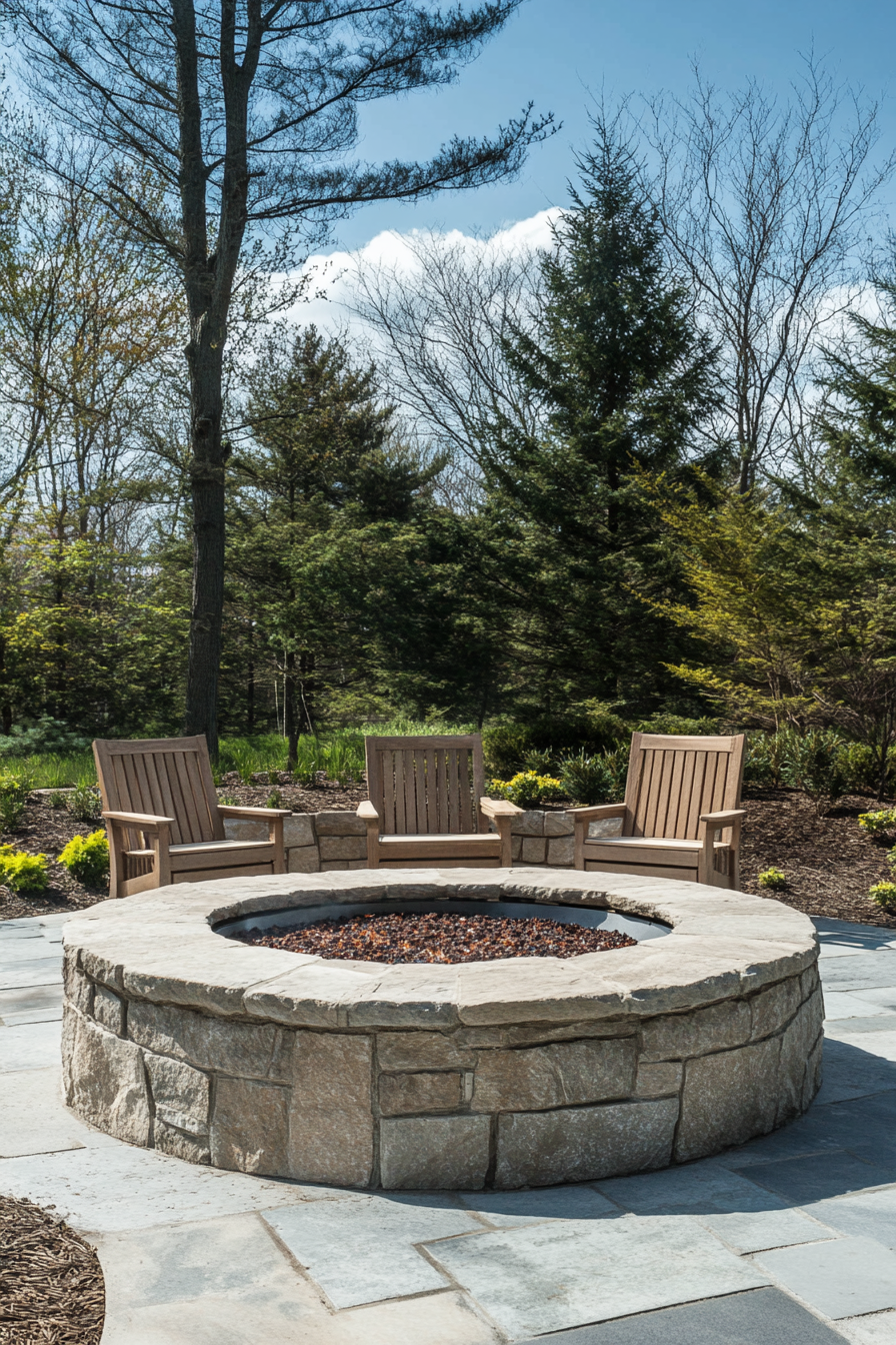 Outdoor space. Circular stone firepit with teak seating.