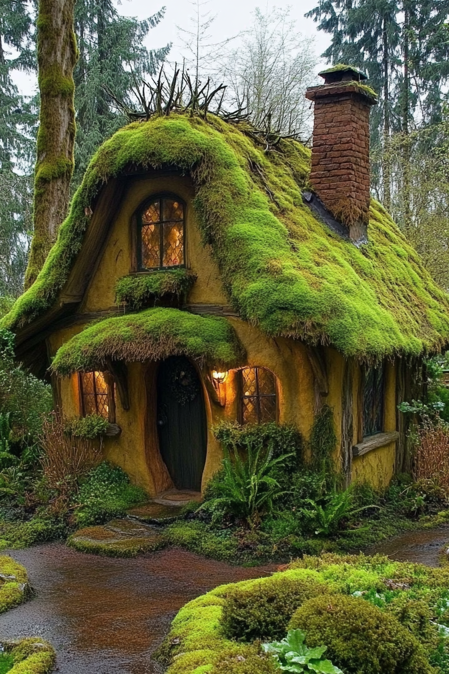 Fairytale micro home design. Thatched roof, moss-covered, with crooked chimney.