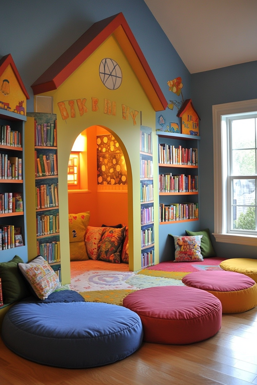 Child-sized library concept. Round floor cushions with bookshelf wall decals.