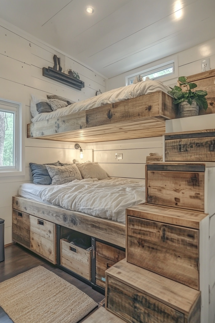 Minimalist Tiny House Bedroom. Off-white, wall-mounted nightstands, reclaimed wood storage bed.