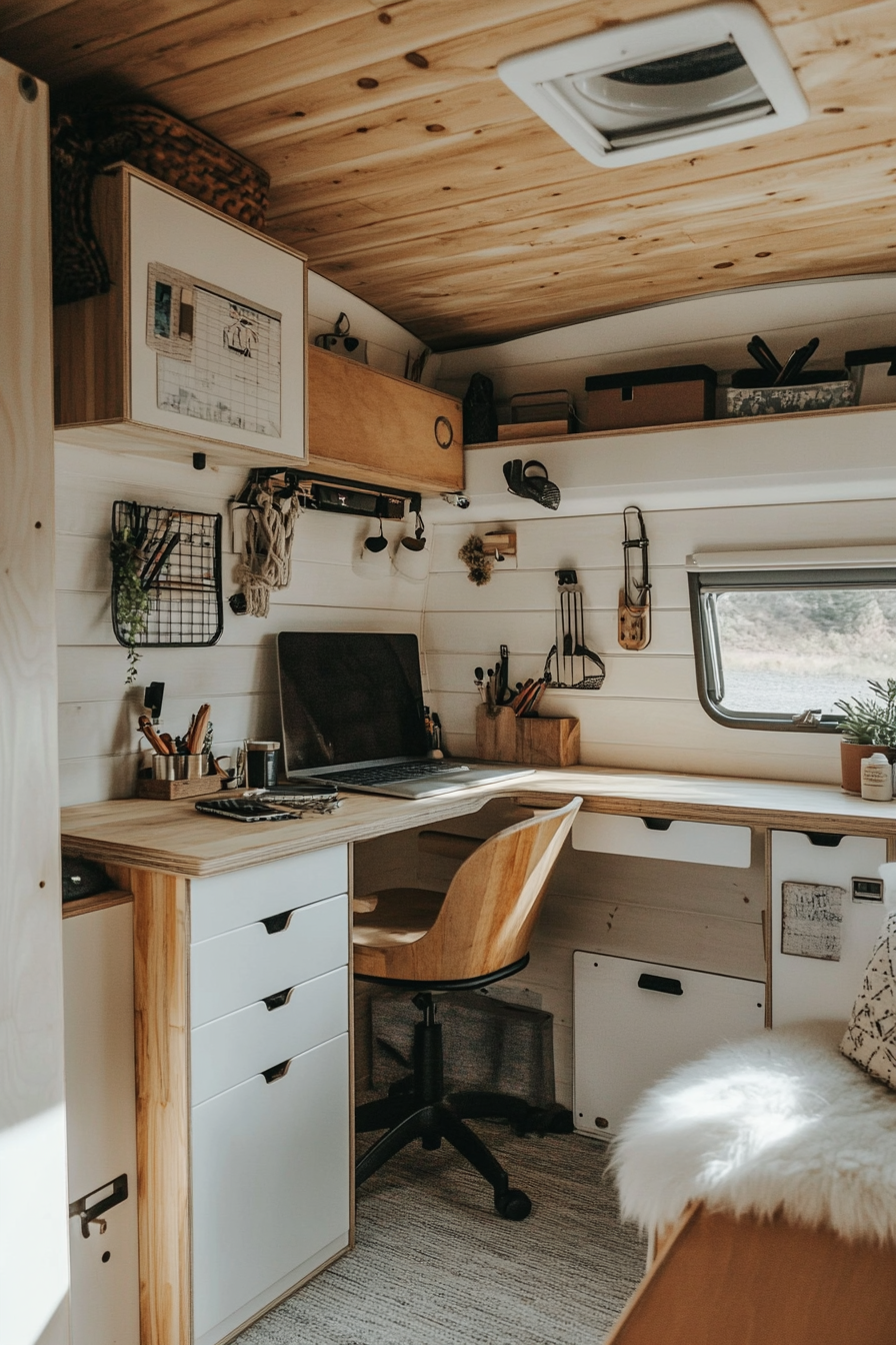 Remote work camper interior. White walls with plywood desk and cabinets.