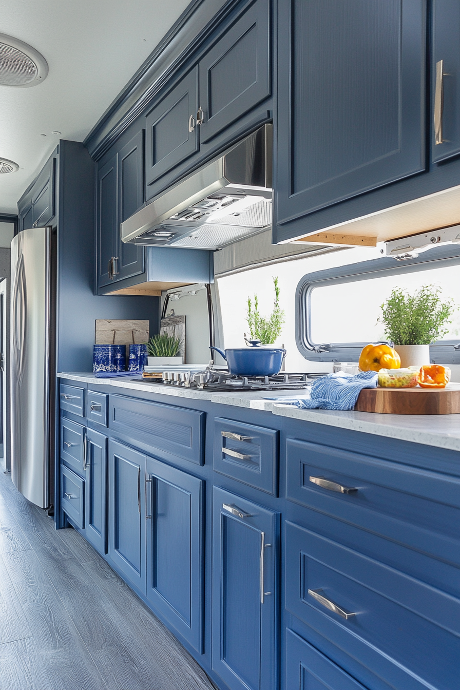 Coastal RV kitchen. Blue cabinetry with brushed nickel handles.