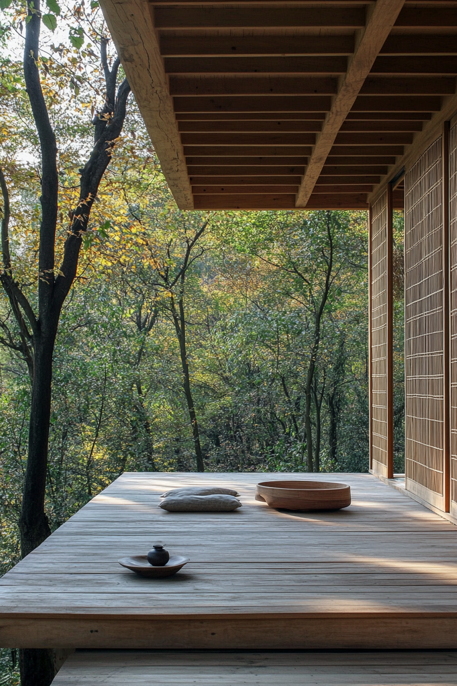 Elevated platform. Minimalist zen camp with oak sliding shoji screens.