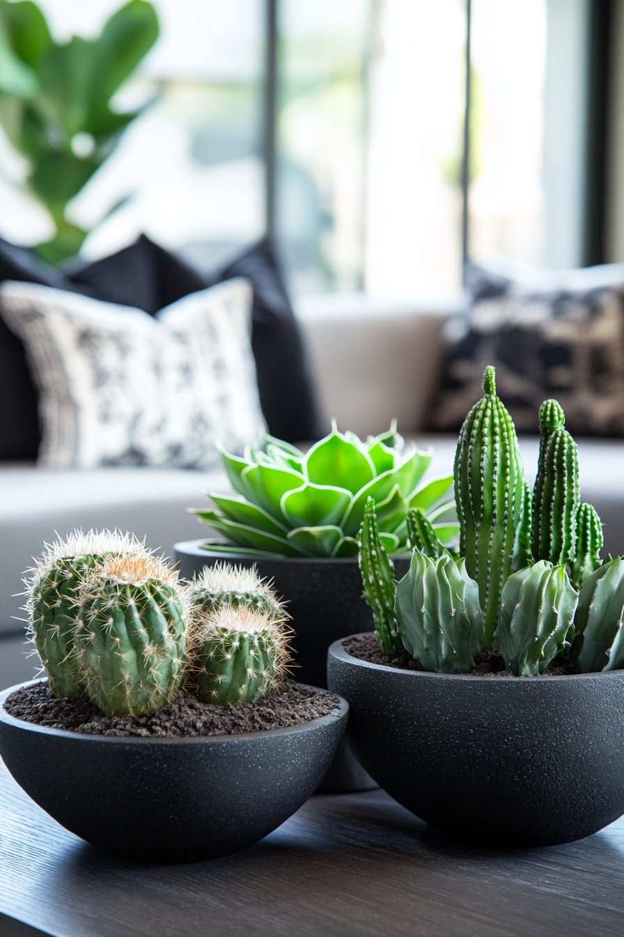 Space design. Dark ceramic pot cacti arrangements against a sleek matte-gray modular couch.